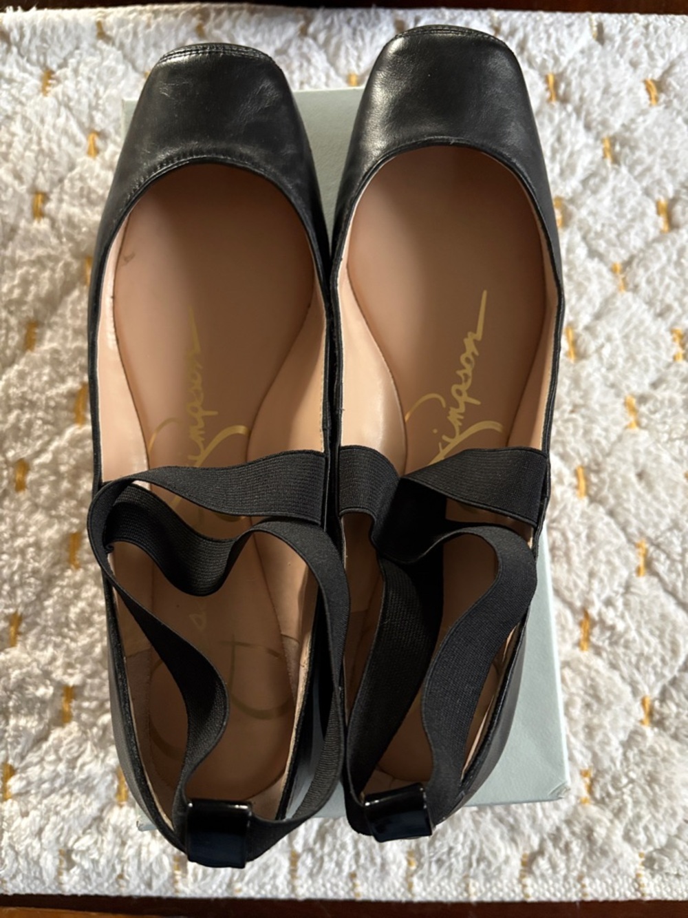 Jessica Simpson Black Leather Square-Toe Ballet Flats with Elastic Strap
